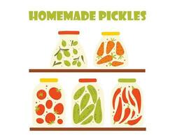 Shelf with homemade pickles. Rack with jars of canned vegetables. Vector illustration. Flat style.