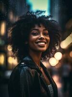 hermosa africano americano mujer con afro peinado en el ciudad ai generado foto