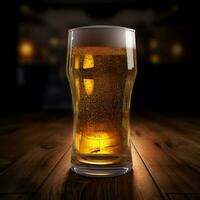 Glass of beer on a wooden table with bokeh background ai generated photo