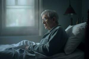 Elderly woman sitting in bed at night ai generated photo