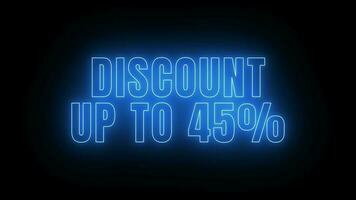 discount up to 45 percent neon light text animation in blue and pink color video