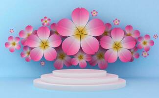 Empty display for product presentation, stage with sakura, 3d rendering photo