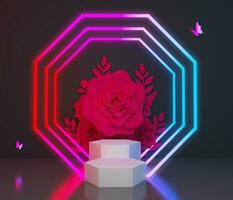 Empty product display for presentation with colorful neon light and flower, cosmetic display, 3d rendering photo