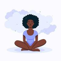 un negro niña se sienta con las piernas cruzadas y medita, su ojos cerrado. Rizado oscuro cabello. yoga, sano estilo de vida, relajarse. vector ilustración