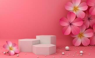 Empty display for product presentation, stage with sakura, 3d rendering photo