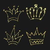 Gold glitter hand drawn crown. Set of four simple graffiti sketches queen or king crowns. Royal imperial coronation and monarch symbol isolated on dark background. Vector illustration.