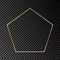 Gold glowing pentagon shape frame isolated on dark background. Shiny frame with glowing effects. Vector illustration.