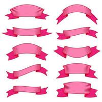 Set of ten pink ribbons and banners for web design. Great design element isolated on white background. Vector illustration.