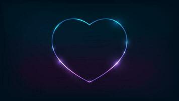 Neon frame in heart form with shining effects on dark background. Empty glowing techno backdrop. Vector illustration.