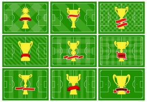 Set of nine football fields with different golden cup on different green grass ornaments. Soccer field for playing. Vector illustration