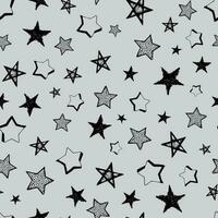 Seamless background of doodle stars. Black hand drawn stars on grey background. Vector illustration