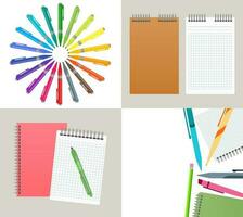 Set of four vector illustration with notebooks, pens and pencils.