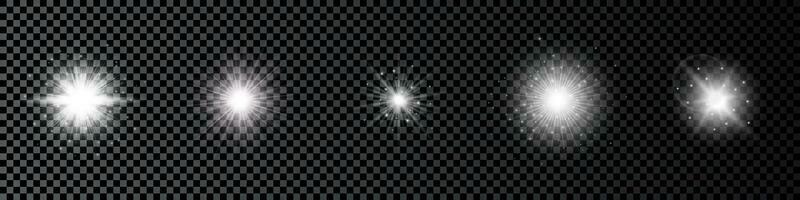 Light effect of lens flares. Set of five white glowing lights starburst effects with sparkles on a dark vector