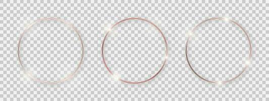 Round shiny frames with glowing effects. Set of three rose gold round frames with shadows vector