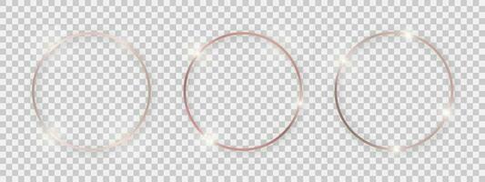 Round shiny frames with glowing effects. Set of three rose gold round frames with shadows vector