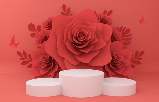 Empty product display for presentation with flower, cosmetic display, 3d rendering photo