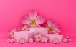 Empty display for product presentation, stage with sakura, 3d rendering photo