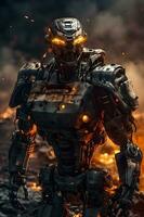 Steel warrior army robots on the background of fiery explosions ,generative ai photo