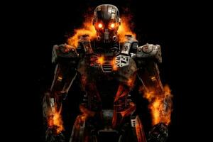 acero guerrero Ejército robots en el antecedentes de ardiente explosiones ,generativo ai foto