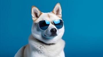 cute akita inu dog with glasses , photo