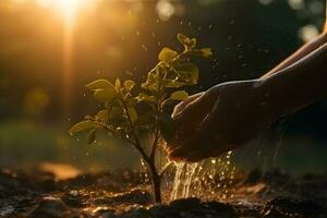 cerca arriba de dos manos participación agua y riego árbol joven a crecer a Mañana amanecer ,generativo ai foto