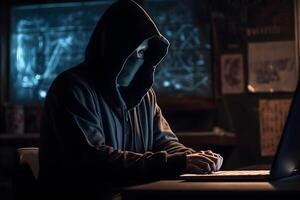 Mysterious hacker wearing a hoodie is typing on a laptop, generative ai photo