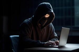 Mysterious hacker wearing a hoodie is typing on a laptop, generative ai photo