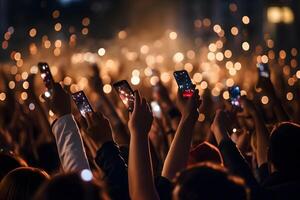 A crowd of people at a live event, concert or party holding hands and smartphones up ,generative ai photo