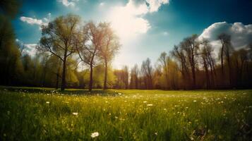 ver primavera naturaleza con un pulcramente recortado césped rodeado por arboles ,generativo ai foto