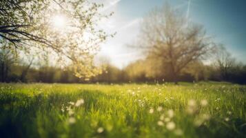 ver primavera naturaleza con un pulcramente recortado césped rodeado por arboles ,generativo ai foto