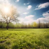 ver primavera naturaleza con un pulcramente recortado césped rodeado por arboles ,generativo ai foto