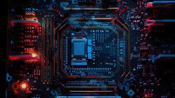 a computer circuit board with red and blue lights ,generative ai photo