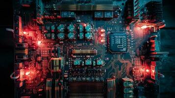 un computadora circuito tablero con rojo y azul luces ,generativo ai foto
