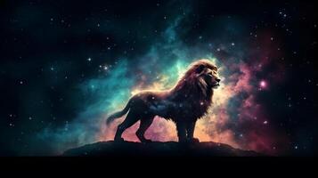 silhouette lion in Colorful space galaxy cloud nebula , photo