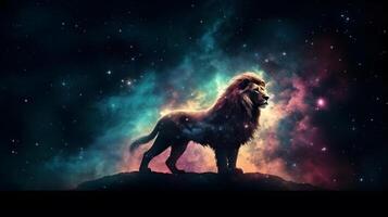 silhouette lion in Colorful space galaxy cloud nebula ,generative ai photo