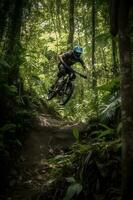 montain bike racing on tropical forest ,generative ai photo