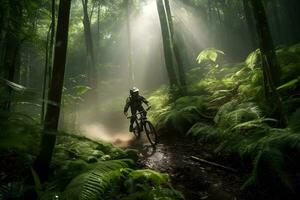 montaña bicicleta carreras en tropical bosque ,generativo ai foto
