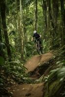 montain bike racing on tropical forest ,generative ai photo