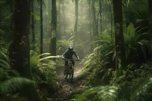 montaña bicicleta carreras en tropical bosque ,generativo ai foto