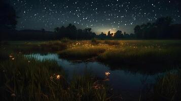 fireflies in a meadow by the lake at night , photo