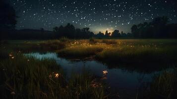 fireflies in a meadow by the lake at night ,generative ai photo