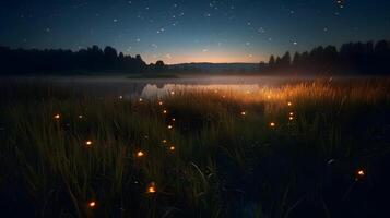 fireflies in a meadow by the lake at night , photo