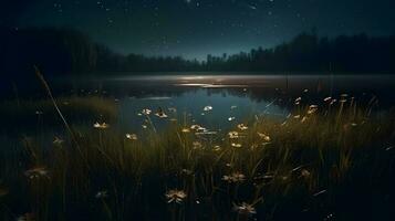 fireflies in a meadow by the lake at night ,generative ai photo