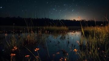 fireflies in a meadow by the lake at night ,generative ai photo