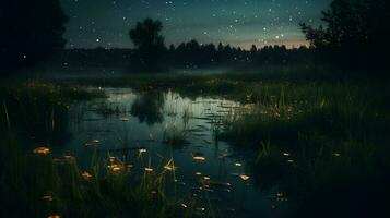 fireflies in a meadow by the lake at night ,generative ai photo