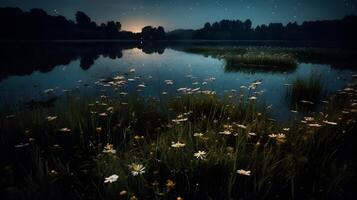 fireflies in a meadow by the lake at night , photo