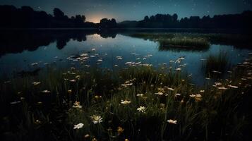 fireflies in a meadow by the lake at night ,generative ai photo