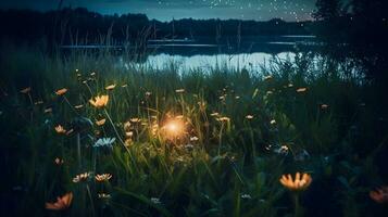 fireflies in a meadow by the lake at night ,generative ai photo