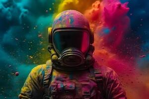 cosmonaut in front of colors of rainbow powder explosion ,generative ai photo