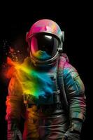 cosmonauta en frente de colores de arco iris polvo explosión ,generativo ai foto